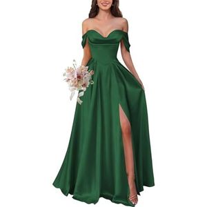 KURFACE Satijnen baljurk voor dames met split geplooide off-shoulder baljurk vloerlengte korset formele avondjurk, Emerald Groen, 32