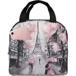 Paris Street Eiffeltoren roze bloemen unisex verdikte geïsoleerde lunchtas met voorvak voor werk reizen wandelen picknick