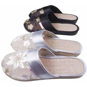 Chinese Mesh Slippers Voor Vrouwen, Vrouwen Bloemen Kralen Ademende Mesh Chinese Slippers Voor Vrouwen Met Sokken (Color : Grey, Size : 40 EU)