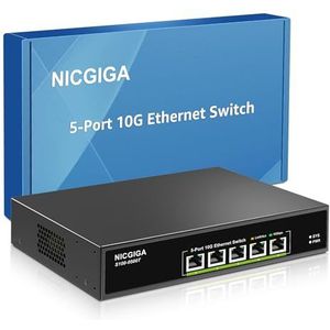 5 Port 10G Ethernet Switch Unmanaged,with 5X 10Gb Base-T RJ45 Ports, NICGIGA 10Gbps Network Switch Easy for 10G NAS,PC,WiFi7 Router,10G Adapter/NIC. Desktop or 19-inch Rack Mount, Plug and Play.