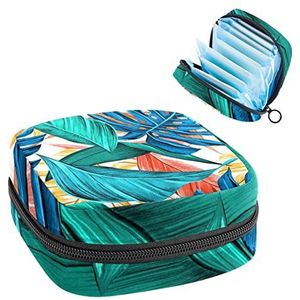 Maandverband Opbergtas,Draagbare maandverband Opbergzak,Tropische bladeren, Meerkleurig, 4.7x6.6x6.6 in/12x17x17 cm