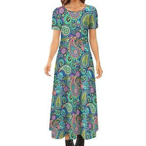 Paisley Psyche dames zomer casual korte mouwen maxi-jurk ronde hals bedrukte lange jurken 8XL