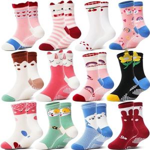 Welwoos Antislipsokken Kinderen Baby Meisjes Grappige Sokken Antislip Sokken Kinderen Anti Slip Antislip Cadeau Katoen Sokken voor Kinderen Meisjes Peuter 12 Paar (Cartoon, 22-24)