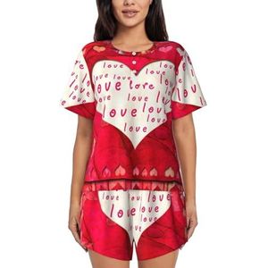 Rode harten liefde print dames zomer zachte tweedelige bijpassende outfits korte mouw pyjama lounge pyjama sets, Zwart, XL
