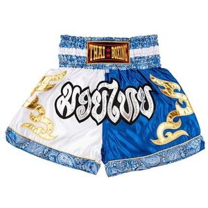 MUAY NATION Muay Thai Shorts voor mannen en vrouwen, slim gesneden MMA Boksshorts Training Kickboksen Kleding Vechtsporten Trunks, Wit/Blauw, M