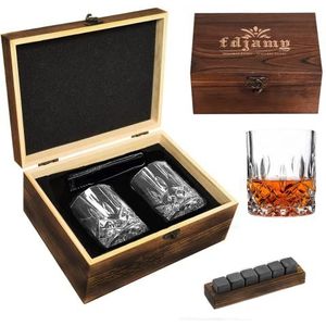 FZDZ Whiskey Stones cadeauset met 2 glazen, premium houten kist met 8 granieten whiskystenen, geweldig cadeau voor man, man, vriend, jubileum of pensioen