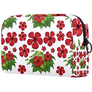 Dames Make-up Tas Meisje Cosmetische Tassen Toilettas Organizer Pouch met Rits Rode Hibiscus Bloemen Groene Bladeren