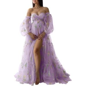KIYNE Zwangerschapsjurk voor dames, met bloemenborduurwerk, tule, zwangerschapsjurk voor fotoshoot, vogeljurk, zwangerschapsjurk voor babyborrel, Paars, 32