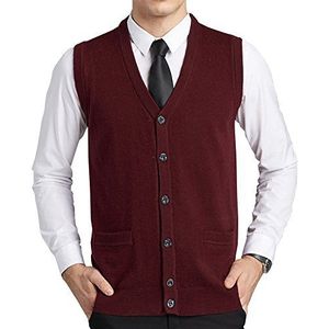 FULIER Heren wol V-hals gilet mouwloos vest vest klassieke heren gebreide vesten gebreide trui tank tops met knopen, Rood, M