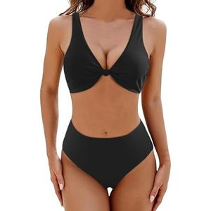 Bikini Vintage Bikini Sets Badpak Vrouwen Tweedelige Suits Badmode Effen Kleur Diepe V-hals Badpak Strand Vakantie Badpak, Zwart A, M