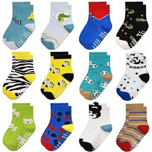 Yafane 12 paar antislip sokken voor jongens en meisjes, uniseks, klein katoen, schattig, met manchetten, antislip, voor baby's, Veelkleurig 6, 3-5 Jaar