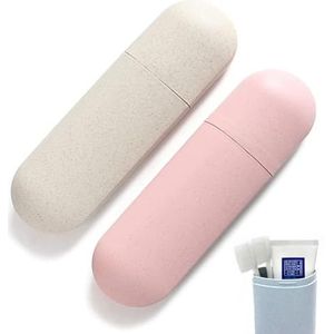 2 Stukken Draagbaar Etui voor Tandenborstel en Tandpasta, Reis Tandenborstel etui, Etui voor Tandenborstel en Tandpasta, voor Home Wandelen Kamperen Reizen (Roze, Beige)