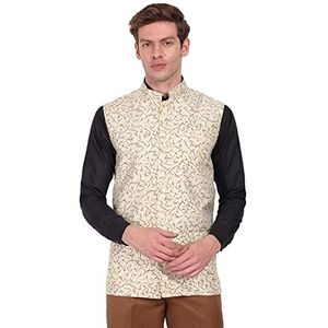 SKAVIJ Heren Indian Dupion Zijde Gedrukt Nehru Jas Gilet Beige-M