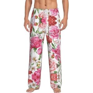 Garden Peony Lange loungewear voor heren, nachtkleding, pyjamabroek, nachtkleding met zakken en trekkoord, Wit, S