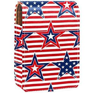 Rood Gestreepte Blauw Rode Sterren Lipgloss Houder Lippenstift Case Draagbare Mini Lipstick Opbergdoos Reizen Lipstick Organizer Case met Spiegel voor Vrouwen, Meerkleurig, 9.5x2x7 cm/3.7x0.8x2.7 in