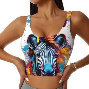 Abstracte dieren zebraprint gewatteerde tanktops met ingebouwde beha, perfect voor yoga, training en hardlopen, Zwart, S