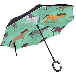 RXYY Winddicht Dubbellaags Vouwen Omgekeerde Paraplu Dier Paarden Kunst Schilderen Waterdichte Reverse Paraplu voor Regen Bescherming Auto Reizen Outdoor Mannen Vrouwen