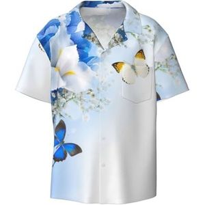 EdWal Bloemen en Vlinder Print Heren Korte Mouw Button Down Shirts Casual Losse Fit Zomer Strand Shirts Heren Overhemden, Zwart, S