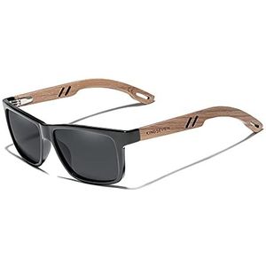 KINGSEVEN Design houten gepolariseerde rechthoekige zonnebril voor heren, walnoot houten frame, gespiegelde bril voor het rijden W5508, zwart, Medium
