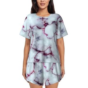 YQxwJL Paars Marmer Textuur Print Vrouwen Pyjama Sets Shorts Korte Mouw Lounge Sets Nachtkleding Casual Pjs Met Zakken, Zwart, S