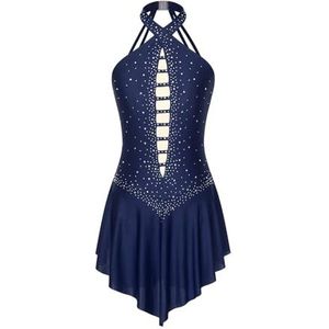 NUOYIXUAN Balletjurk voor dames, lyrische dans, halterjurk, mouwloos, ritmische gymnastiek, tricot, kunstschaatsjurk, podiumoptreden, danskleding (diepblauw, S)