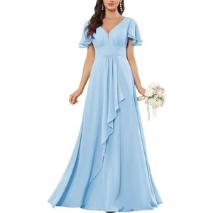 HPPEE Flutter Mouw V-hals Chiffon Bruidsmeisjesjurken voor Vrouwen Ruches A-lijn Maid of Honor Formele Avondjurk, Lichtblauw, 32