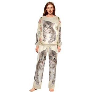 YOUJUNER Pyjama-set voor dames, retro kattenprint, winter, warme nachtkleding, zomer, loungewear, set, pyjamaset, nachtkleding set, Meerkleurig, XL