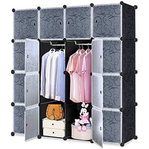 Froadp Opvouwbare Kasten 140x140x35cm Insteekbaar Rekkensysteem Kunststof Kledingkast voor Kledingopslag DIY Het Opschorten Systeemgarderobe voor Kleding Schoenen Speelgoed Boeken (Zwart, 16 Roosters)