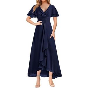 WSEYU Korte Mouw Moeder Van De Bruid Bruidegom Jurken Chiffon Kralen Formele Avond Grootmoeder Jurken Thee Lengte ZM203, Donkerblauw, 32