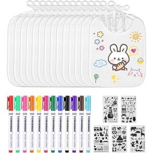 TIDEVAN 14 stuks slabbetjes om te beschilderen, met 12 gekleurde textielstiften en 5 tekensjablonen, dubbelzijdig babyslabbetjes,witte slabbetjes beschilderen,cadeau voor babyshower,party,doe-het-zelf