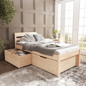 80x200 cm massief houten bed met hoofdeinde - Anu Scandi Style hoog bedframe met lattenbodem incl. 2 opbergladen - Natuurlijke kleur - Draagvermogen 350 kg