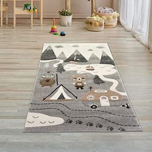 Kinderkamer tapijt speeltapijt camping beren tent bergen caravans sparren rivier grijs crème bruin, afmeting 80x150 cm