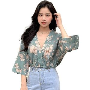 dames topjes Blouse met overslaghals en bloemenprint - Groene crop top met v-hals in boho-stijl (Color : Gr�n, Size : Small)