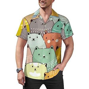 Schattig kattenpatroon heren casual button-down shirts korte mouw Cubaanse kraag T-shirts tops Hawaiiaans T-shirt 2XL