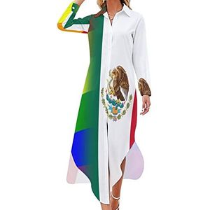 LGBT Pride And Mexicaanse vlag dames maxi-jurk lange mouwen knopen overhemd jurk casual feest lange jurken S