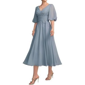 HPPEE Damesjurk voor dames, lange jurk voor moeder van de bruid met kant, applicatie, pofmouwen, chiffon, formele avondjurk, Dusty Blauw, 32