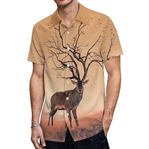Dry Tree Like Red Deer Stag Heren Hawaiiaanse Shirts Korte Mouw Casual Shirt Button Down Vakantie Strand Shirts S