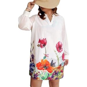 voor vrouwen jurk Plus bloemenprint tuniekjurk met zwitserse stippen en lantaarnmouwen (Color : Wei�, Size : XXL)