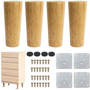 4 Stuks 12cm Meubelpoten van Hout Sofapoten Vervanging Houten Meubelpoten Massief Taps Houten Rechtdoor Bankpoten met Montageplaat Schroeven en Antislipbeschermer voor Lage Kasten, Salontafel, TV Kast
