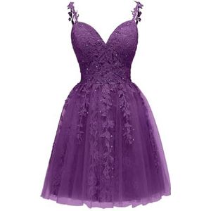 Spaghetti Bandjes Bruidsmeisjes Jurken voor Junioren Kant Applique Avond Cocktail Party Maxi Jurk Mini Lengte AH154, Druif, 32