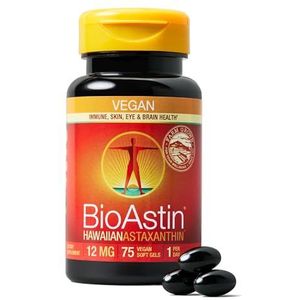 BioAstin Hawaiian Astaxanthine Veganistisch - 12 mg, 75 Count - Hawaiian Grown Premium Antioxidant - Ondersteunt herstel van lichaamsbeweging + gewrichten, huid, ooggezondheid natuurlijk