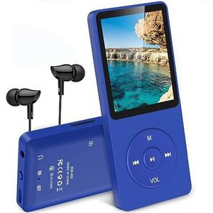 AGPTEK MP3-Speler, 16 GB Lossless MP3 met 1,8 inch Scherm, 70 uur Afspeeltijd, Draagbare Muziekspeler met Koptelefoon, met FM-radio, Foto's, Opnames, E-book, tot 128 GB TF-kaart, Blauw