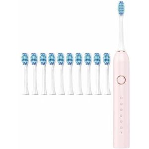 Oplaadbare elektrische tandenborstel Draadloos opladen Tandenborstels met 10 opzetborstels 6 modi 2 minuten Smart Timer (Color : Pink)