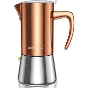 bonVIVO – Intenca Fornuis Italiaanse espressomaker –Roestvrijstalen Mokkapot met koper/chroom afwerking - voor koffie met een volle body, maakt 6 kopjes espresso, geschikt voor inductiekookplaten