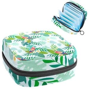 Opbergtas voor maandverband, menstruatiecup zakje, menstruatiezak, organizer voor vrouwelijke pads, tampons, papegaai palmbladeren patroon