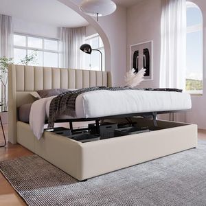 lulalula Gestoffeerd bed, 160 x 200 cm, met lattenbodem van hout, opslagbed, hydraulisch met extra grote opbergruimte, linnen, tweepersoonsbed, lattenbodem van metalen frame, beige