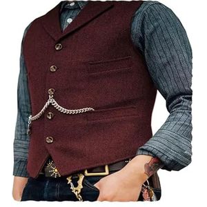 XPJYUA Herenvesten herenpak, vest, revers, V-hals, wollen visgraat, casual zakelijk vest, vest voor bruiloft, wollen tweed, zakelijk vest voor bruiloft, bruidsjonkers (rood, XL)