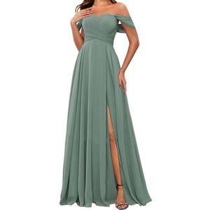 HPPEE Off-shoulder chiffon bruidsmeisjesjurken met split voor vrouwen mouwloze strapless avond formele jurk, Eucalyptus, 32