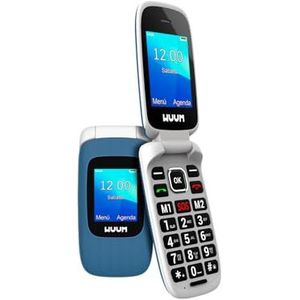 WUUM Klap Klap mobiele telefoon met dubbel display, grote toetsen en cijfers, 2 direct geheugen en SOS-knop, bluetooth, grote 800 mAh-batterij, USB-C, blauw
