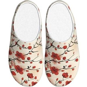 EdWal Japanse lente pruim bloemenprint winter warme pantoffels indoor anti-slip pluche pantoffels ontspannen thuis voor vrouwen mannen, Zwart, 37.5 EU